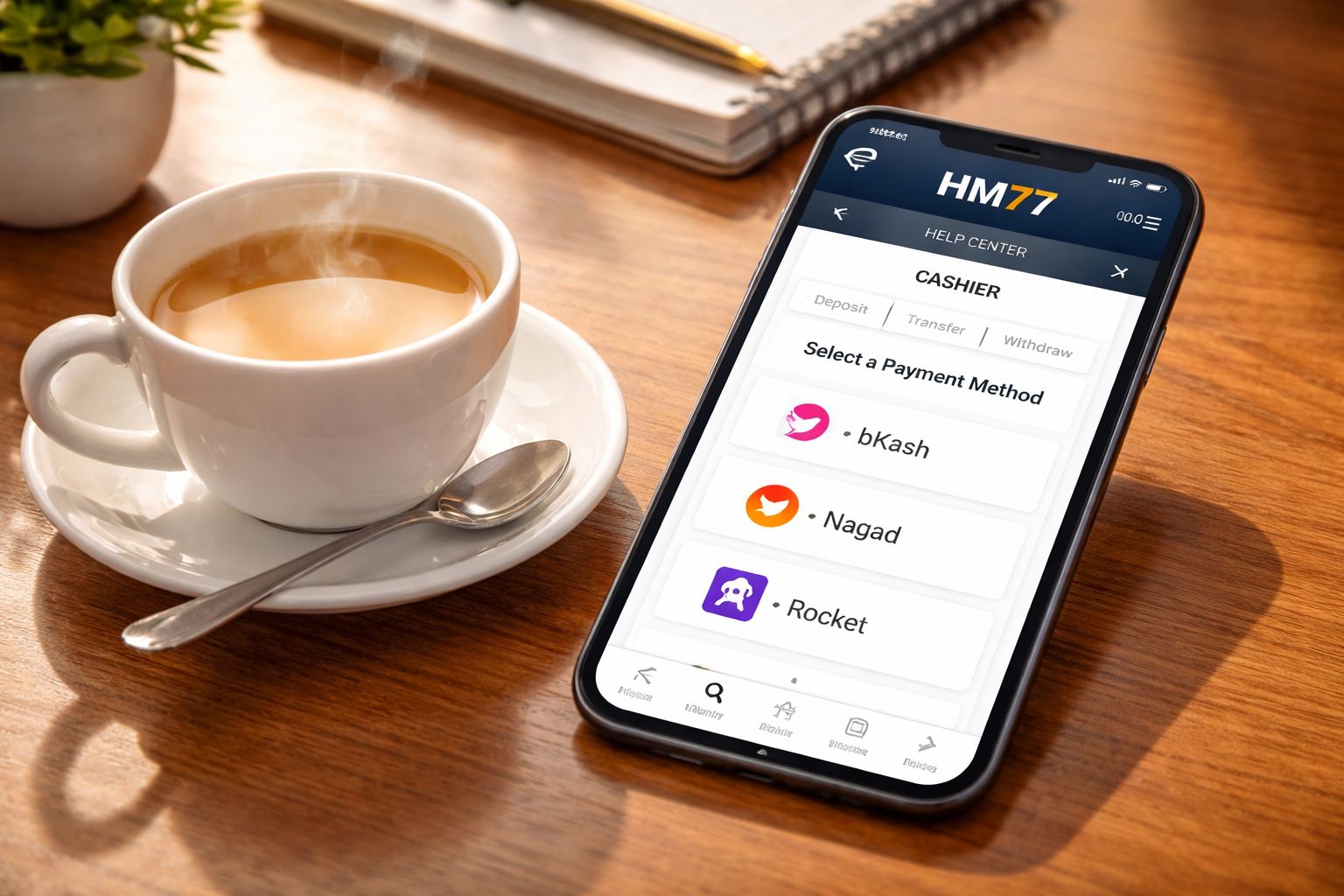 HM77 Bangladesh user progressing through the registration and first withdrawal workflow