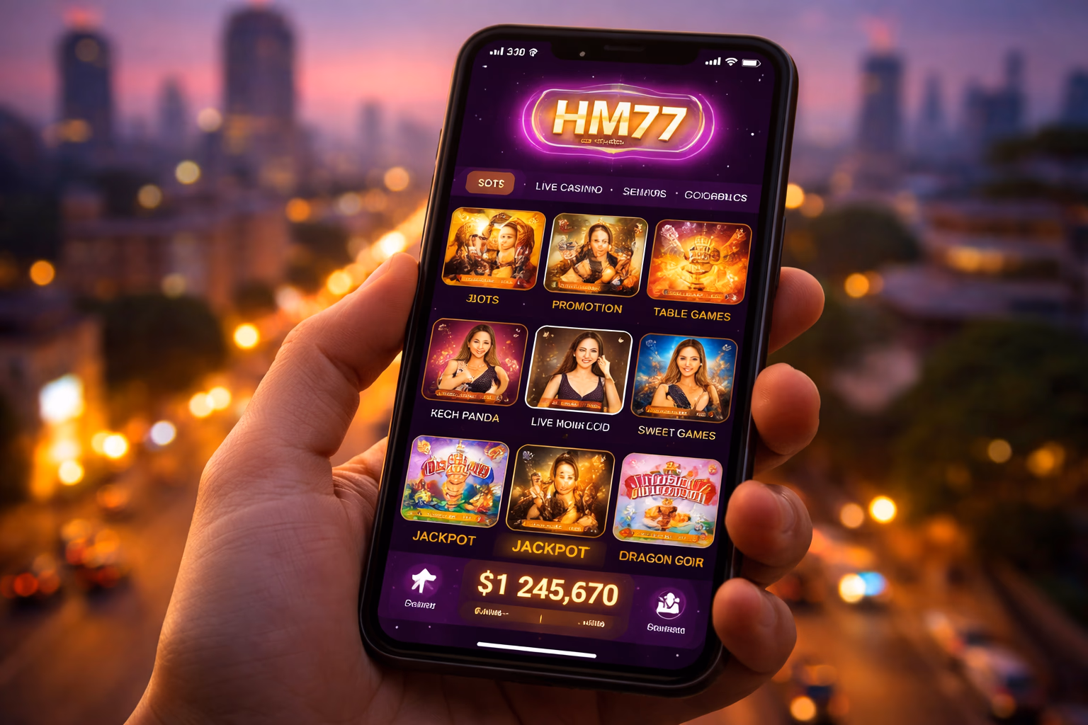 HM77 Android APK app showing live casino lobby and sports betting menu for Bangladesh players