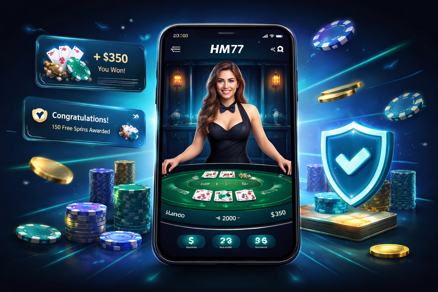 HM77 app interface displaying slot games, sports betting, and secure mobile login screen