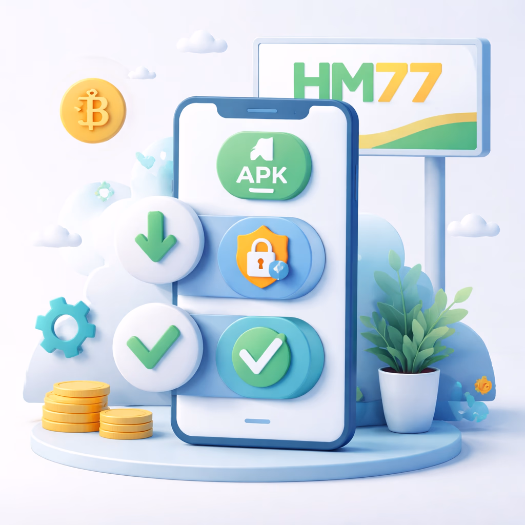Step-by-step HM77 APK installation guide displayed on an Android phone screen