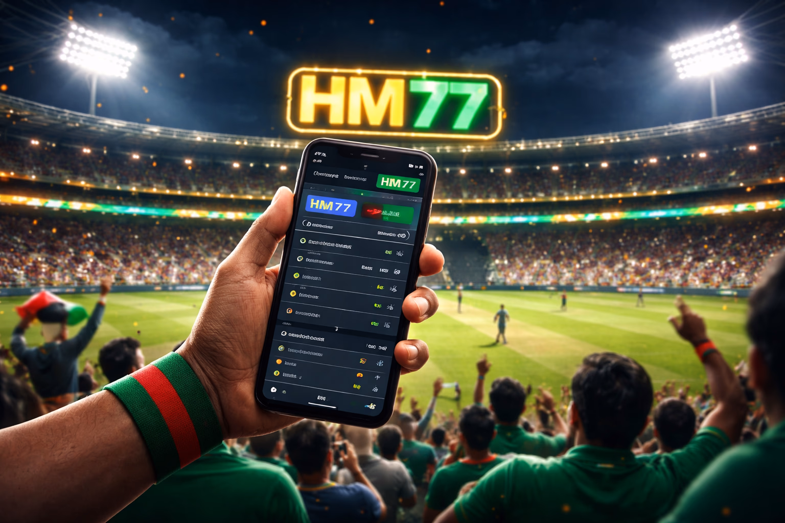 HM77 sportsbook interface displaying live in-play cricket markets and football odds for Bangladeshi punters
