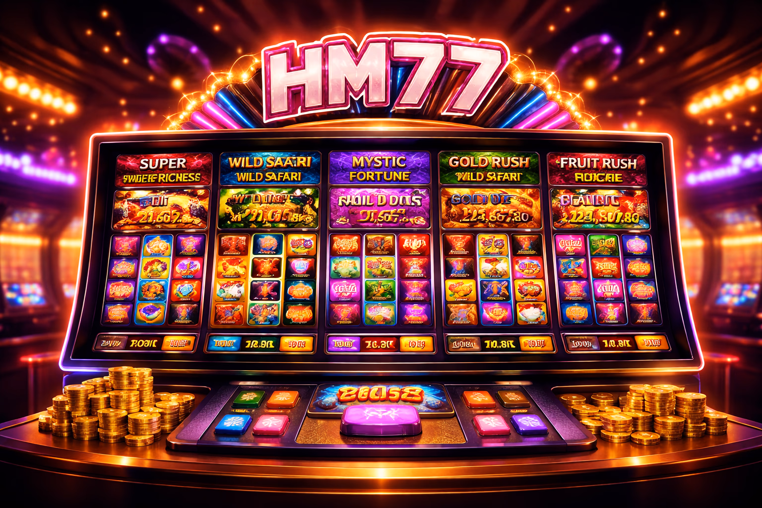 HM77 slots interface showing JILI, PG Soft and Pragmatic Play reels for Bangladesh players